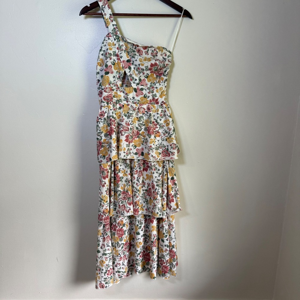 Reverse Floral One Shoulder Tiered Cutout Maxi Dress Size 8 Multicolor